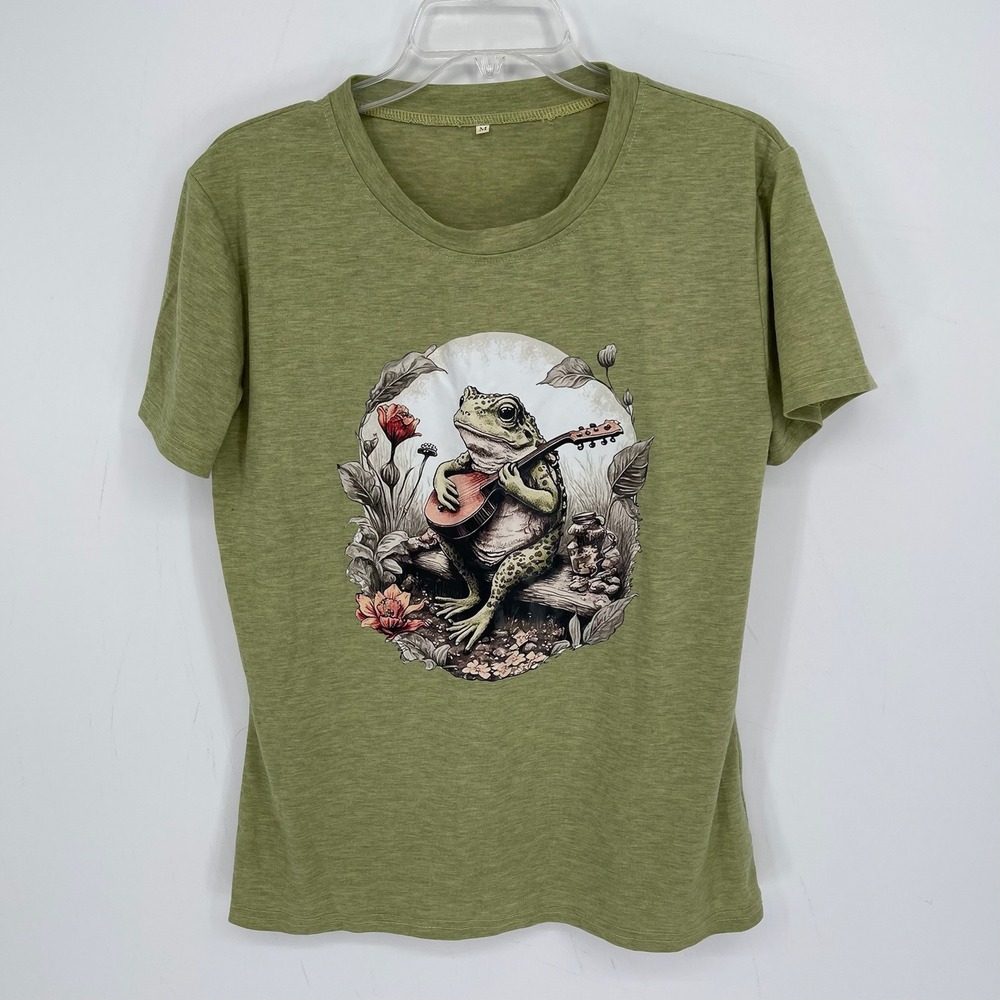 Women's Green Cottagecore Frog Playing Lute Banjo Graphic Tee T-Shirt Size M‎